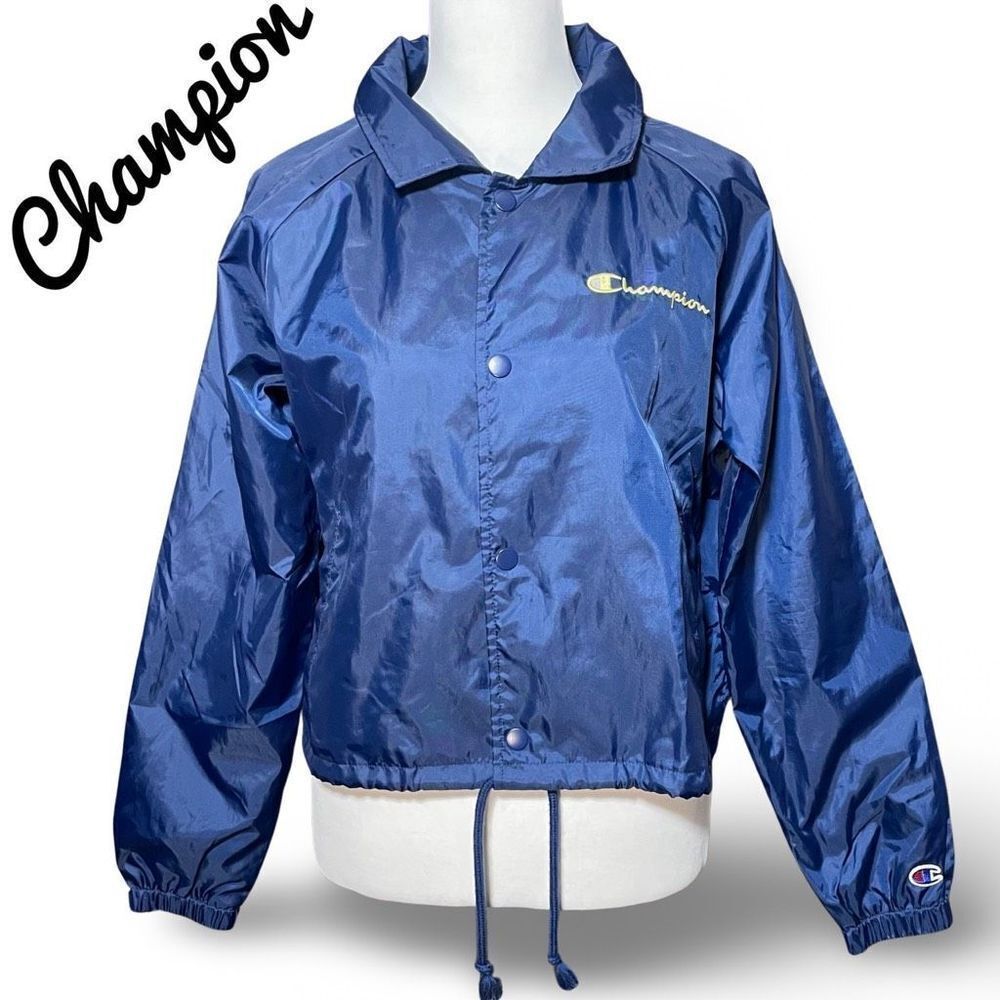 CHAMPION Cropped Coaches Windbreak Jacket, Drawstring Waist, Navy, Size M